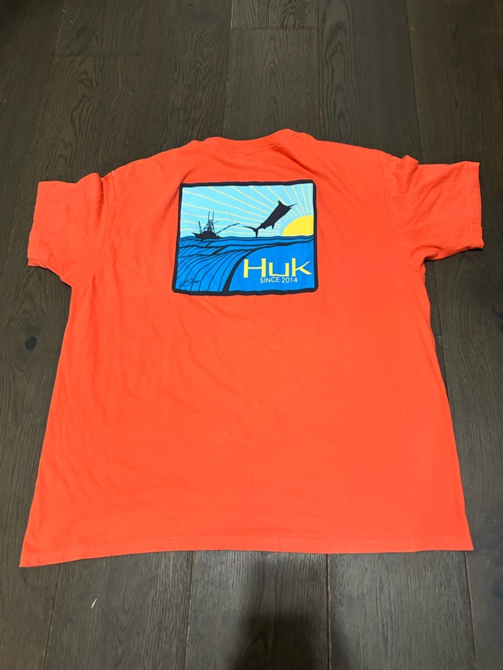 Huk Fishing Shirt Mens 2XL Rust Orange Back Graphic Short Sleeve Crewneck Tee